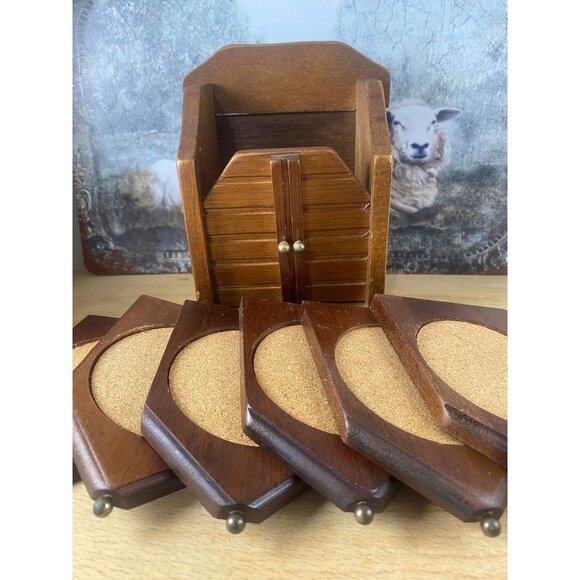 Vintage Wooden Coaster Set With Holder - Rustic Decor & Cork Inserts - Picture 2 of 3